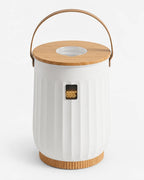 Towel warmer with lid – white container with wooden lid and carry handle
