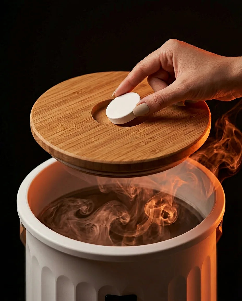 Towel warmer with lid – hand lifting the wooden lid