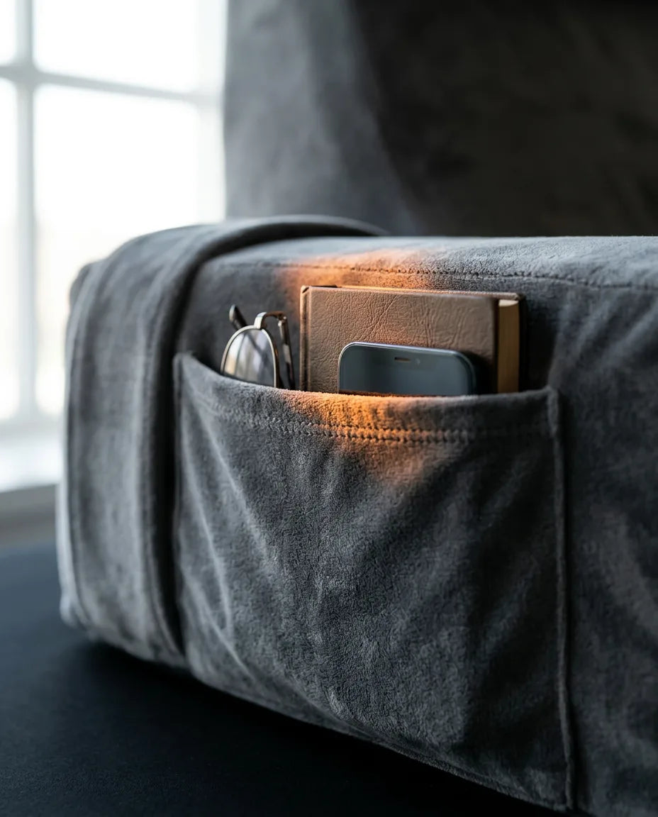 Coussin de lecture en mousse à mémoire de forme pour le lit – soutien en position assise avec accoudoirs et pochettes latérales – image du produit 5
