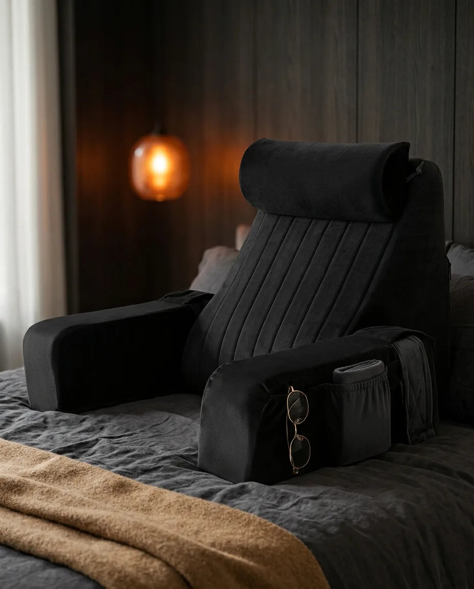 Coussin de lecture en mousse à mémoire de forme pour le lit – soutien en position assise avec accoudoirs et pochettes latérales – image du produit 9