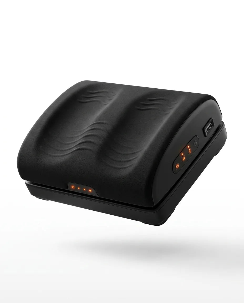 Memory foam foot warmer with vibration by PyreFit, black padded foot cushion