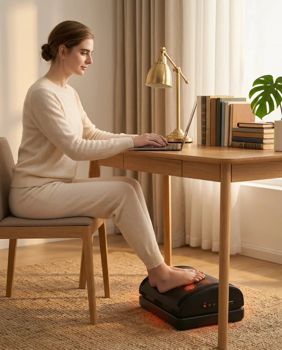 Woman using the memory foam foot warmer with vibration under the table