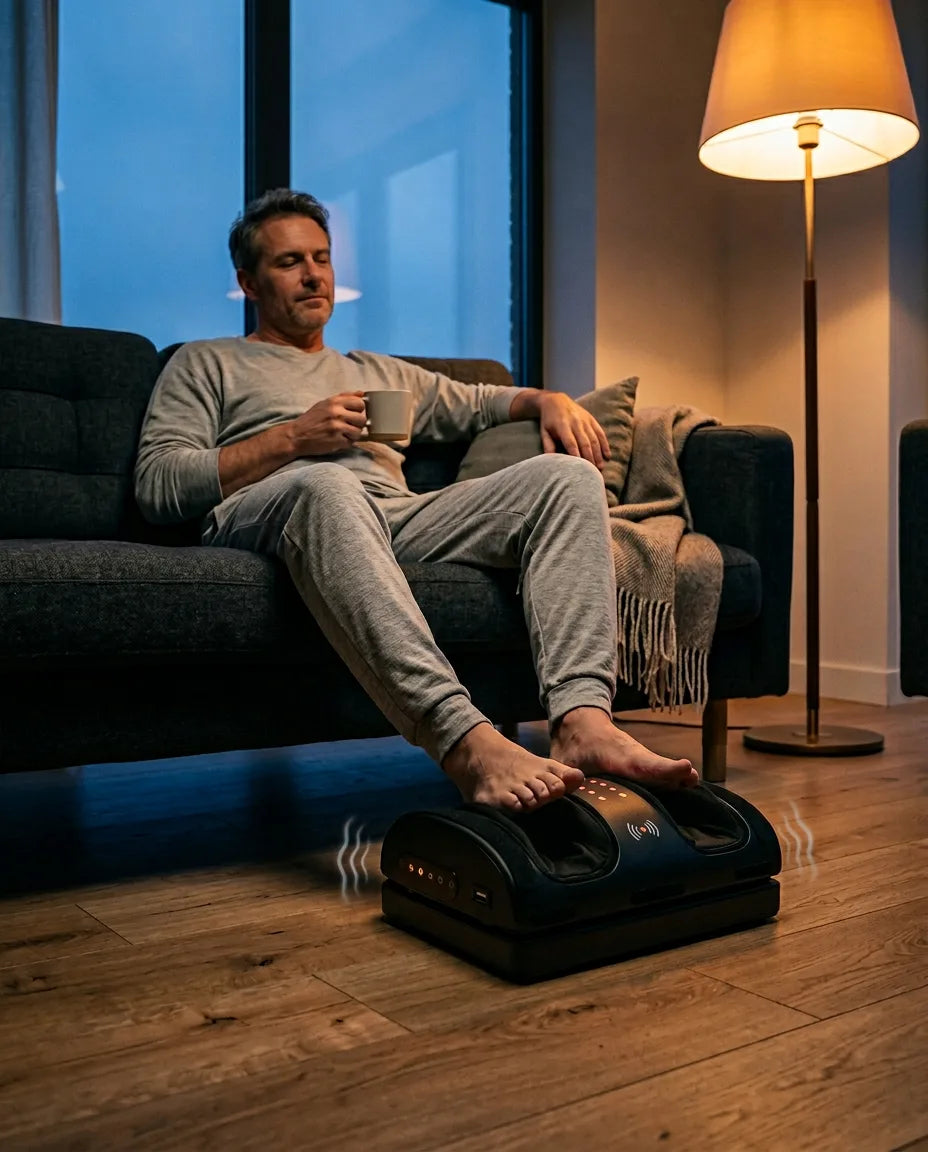 Man with the memory foam foot warmer by PyreFit in front of the sofa