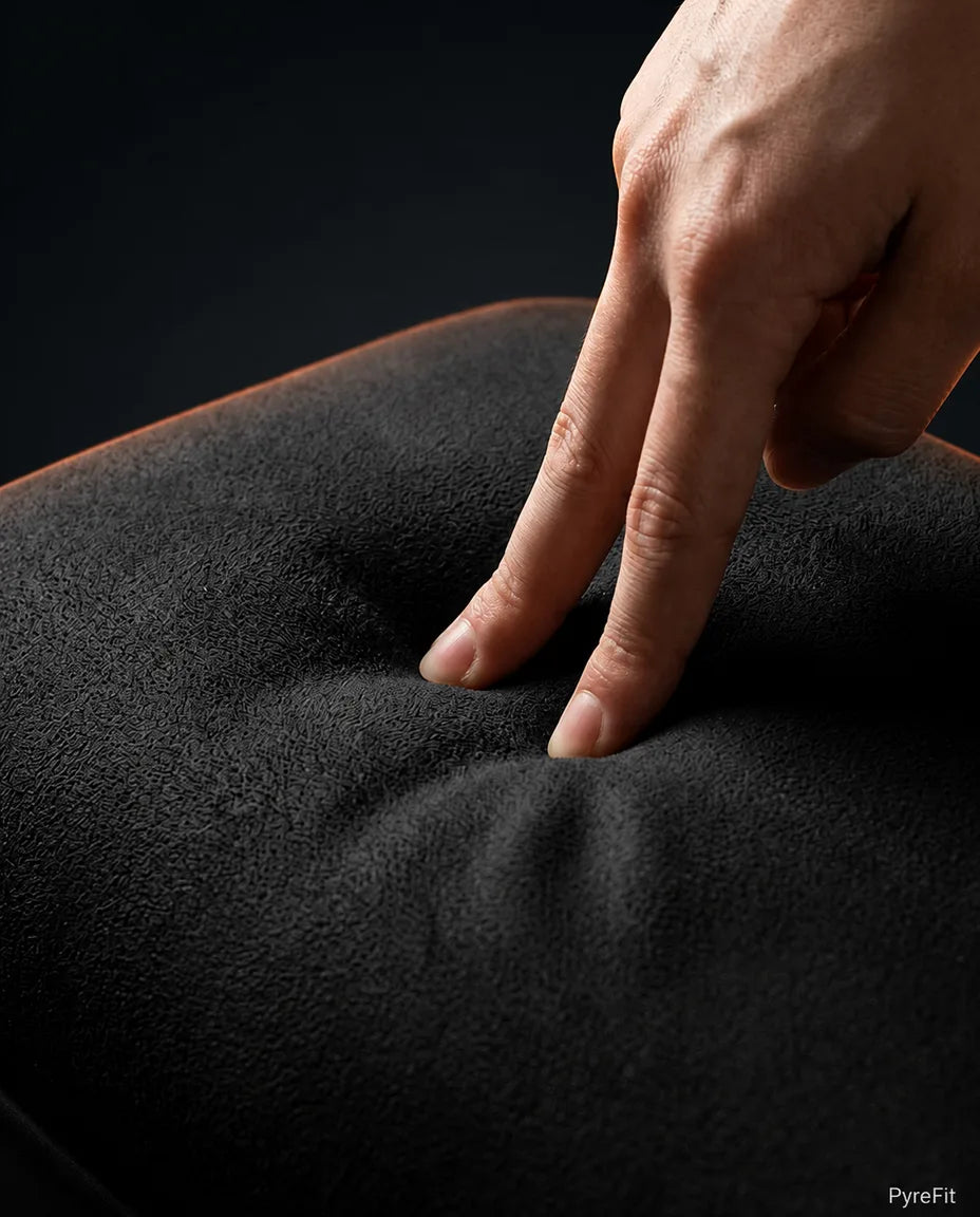 Hand pressing into the memory foam padding of the heated foot cushion