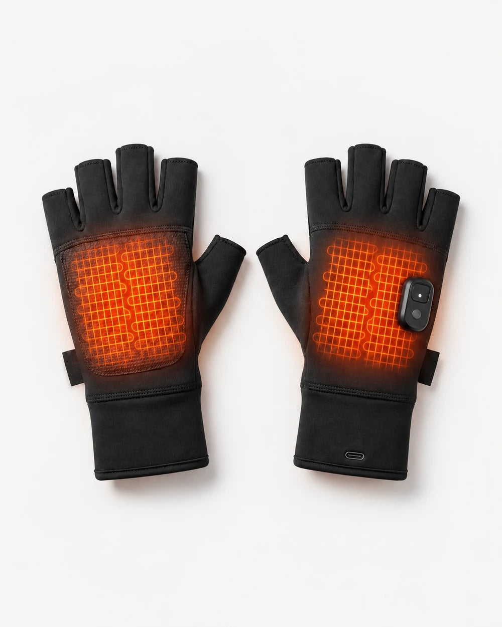 Fingerless heated gloves by PyreFit in black, one pair in product view