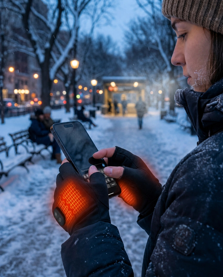Woman wearing fingerless heated gloves at a winter market
