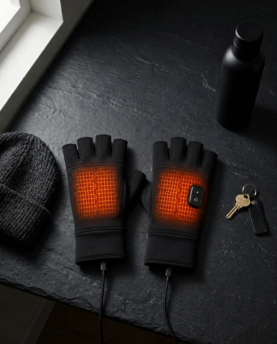 Gants chauffants sans doigts PyreFit avec câble de recharge, à plat