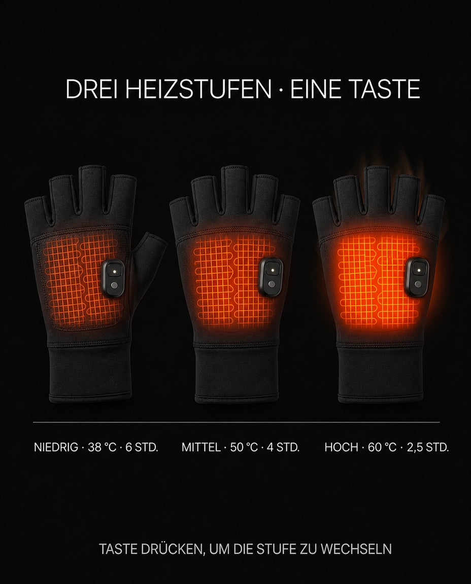 Illustration des niveaux de chaleur des gants chauffants sans doigts PyreFit