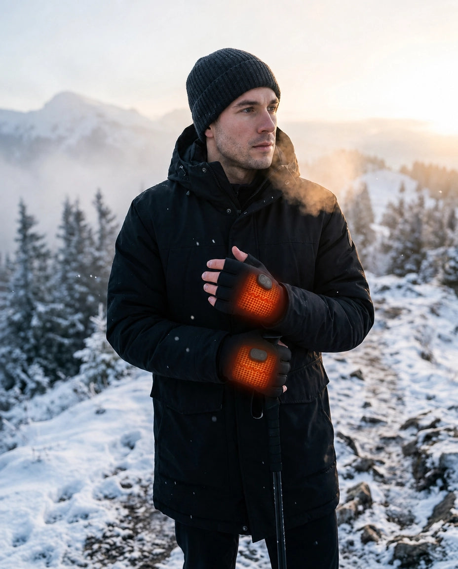 Homme portant des gants chauffants sans doigts dans la neige