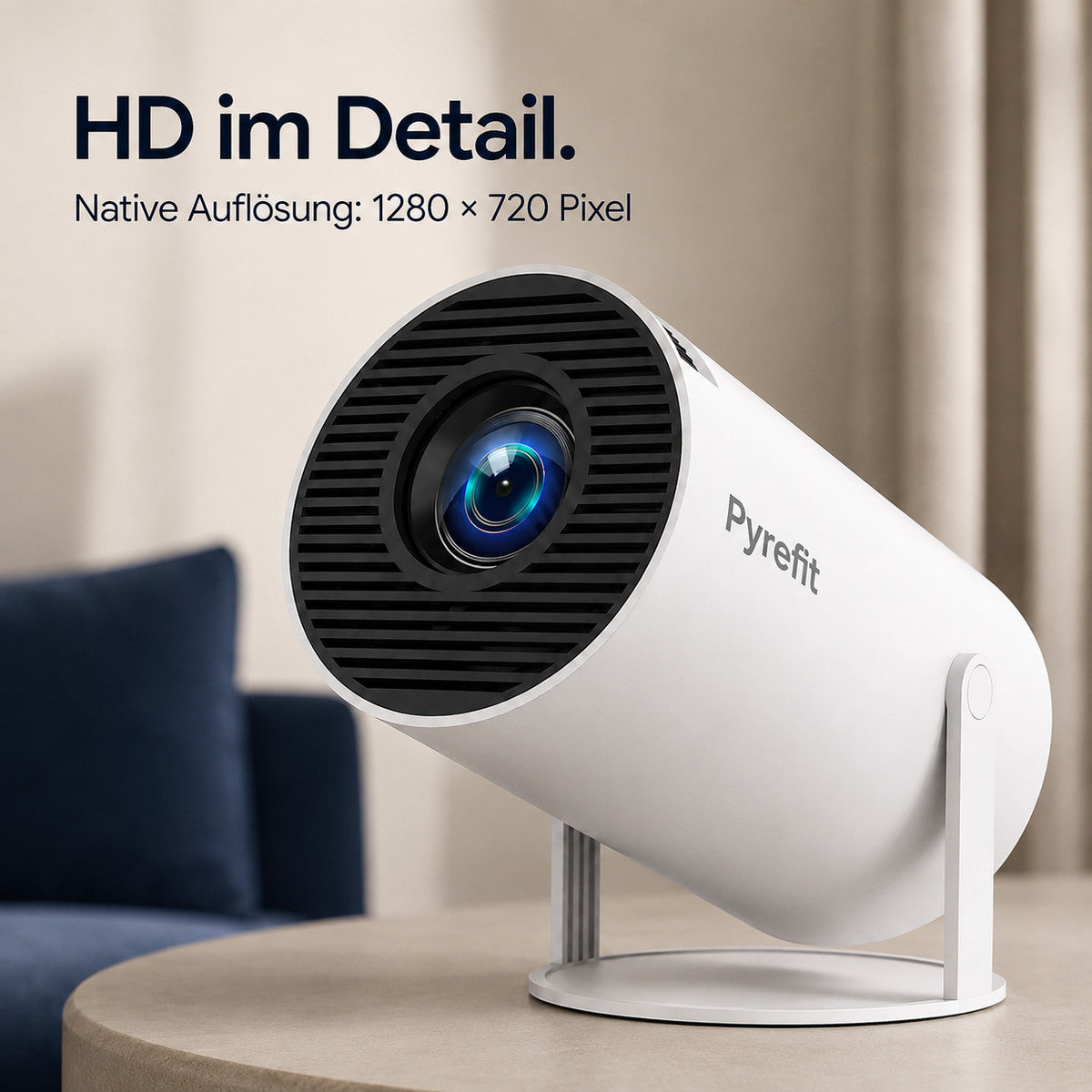 PyreFit mini projector – HD up close. Native resolution: 1280 × 720 pixels
