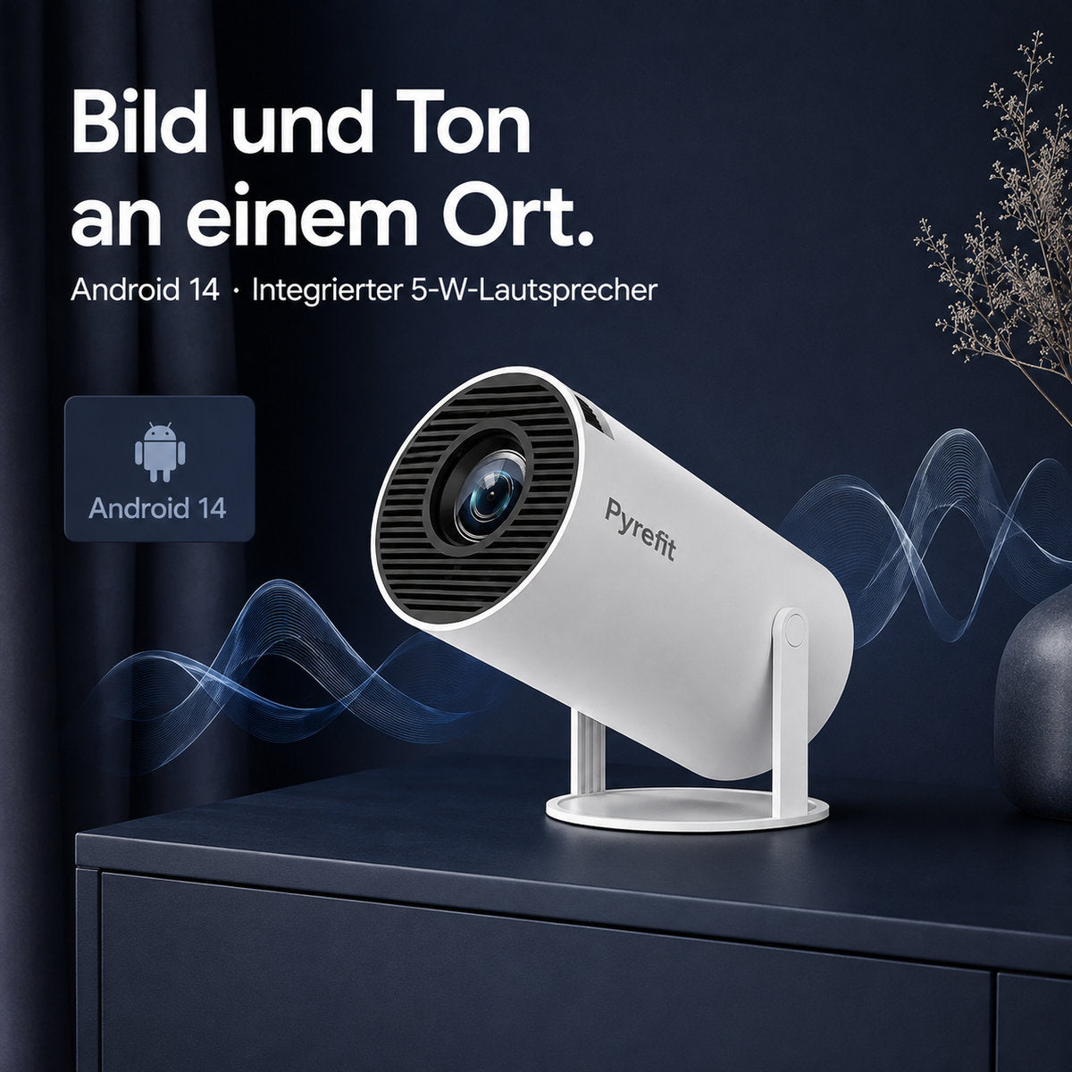 PyreFit mini projector – picture and sound in one place. Android 14 · built-in 5 W speaker