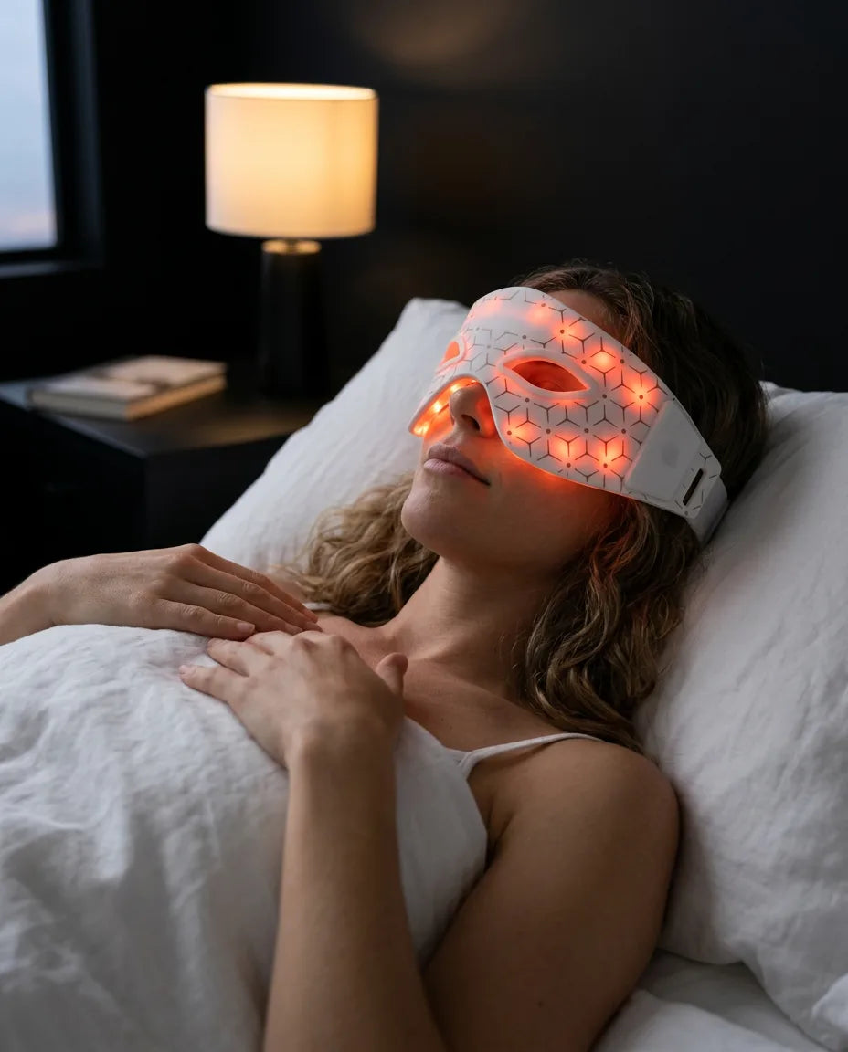 LED eye mask with red light – woman wearing the mask on the sofa