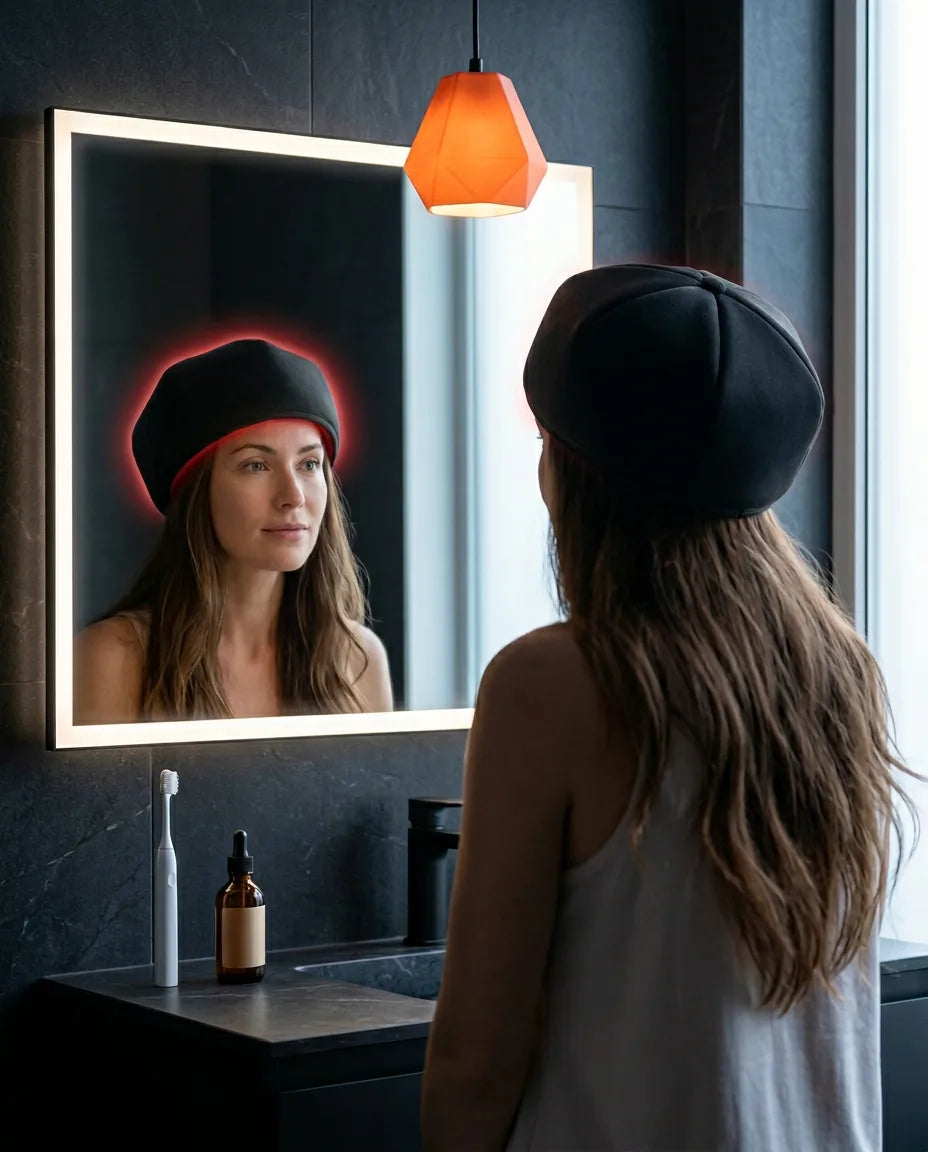 LED red light cap for the scalp – man putting on the cap in front of the mirror