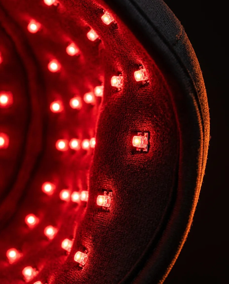LED red light cap for the scalp – close-up of the red LEDs