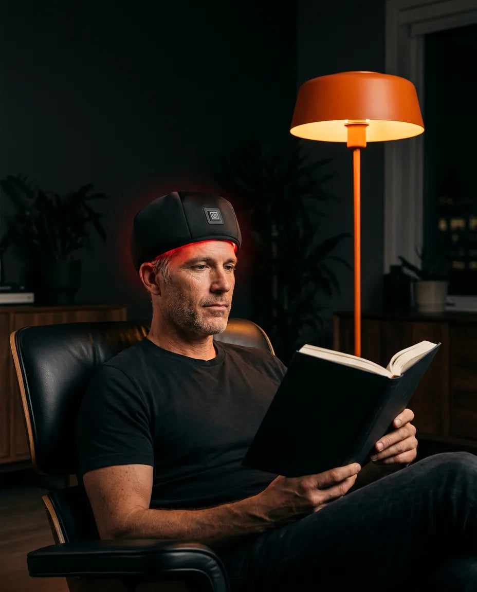 LED red light cap for the scalp – man wearing the cap while reading