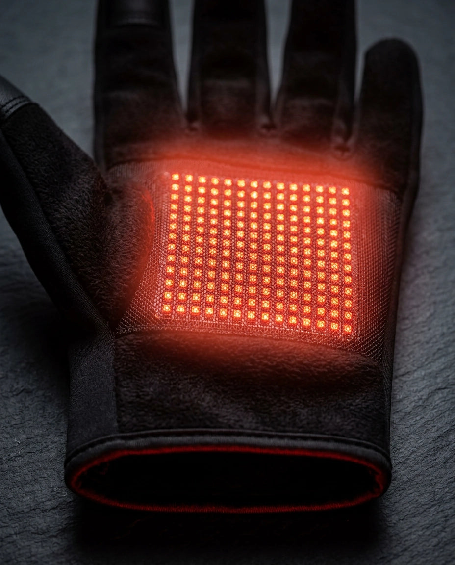Red light warming gloves – close-up of the red LEDs inside