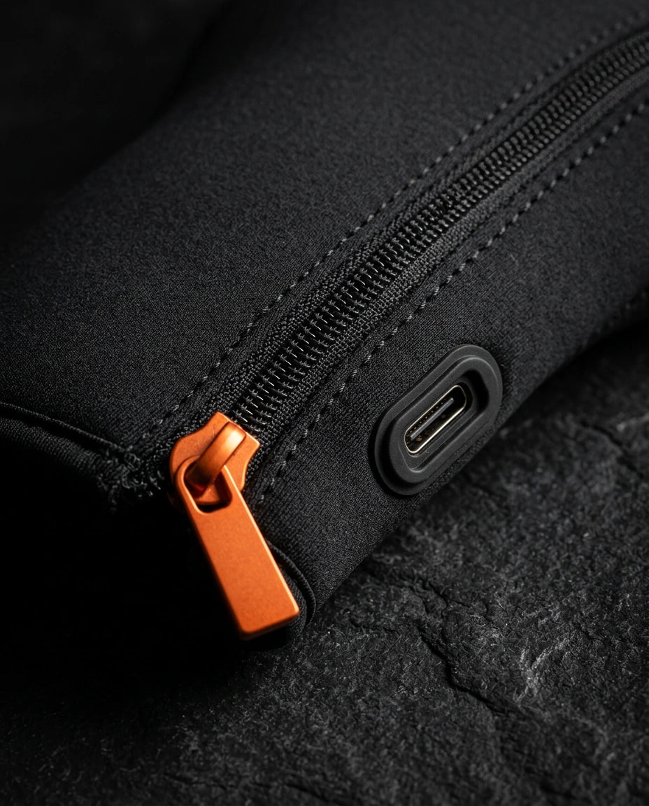 Red light warming gloves – zipper and fabric in detail
