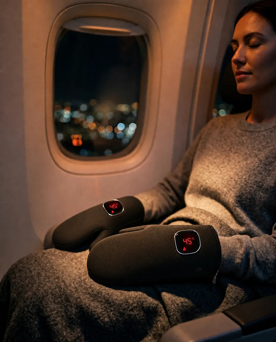 Red light warming gloves – woman wearing the gloves in an armchair