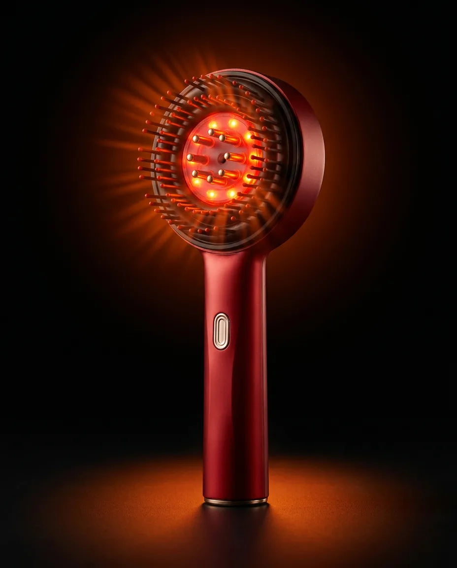 Scalp massage comb with red light – close-up of the illuminated head