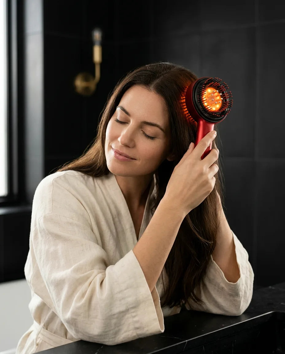 Scalp massage comb with red light – woman running the comb through her hair