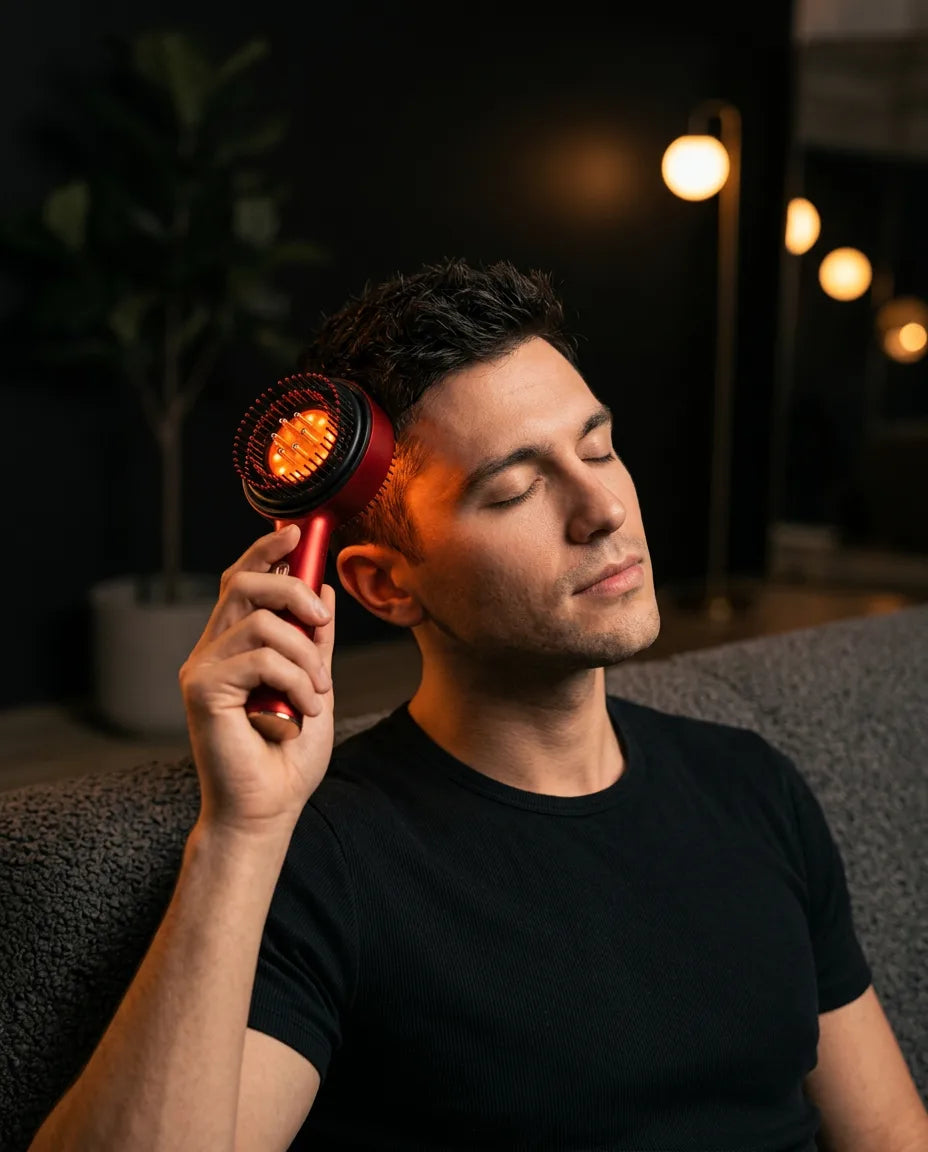 Scalp massage comb with red light – man with the comb on his scalp