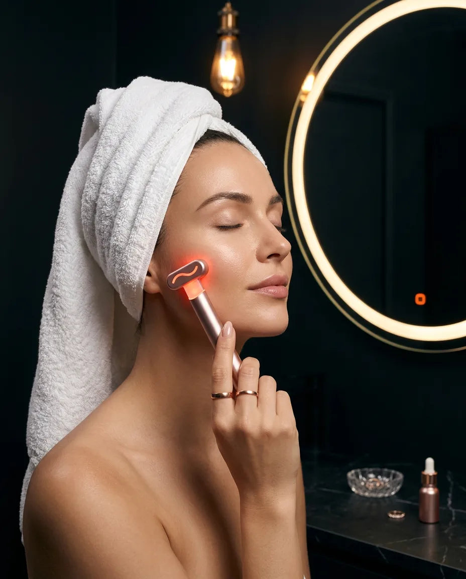 Handheld red light facial device – woman using the device in front of the mirror