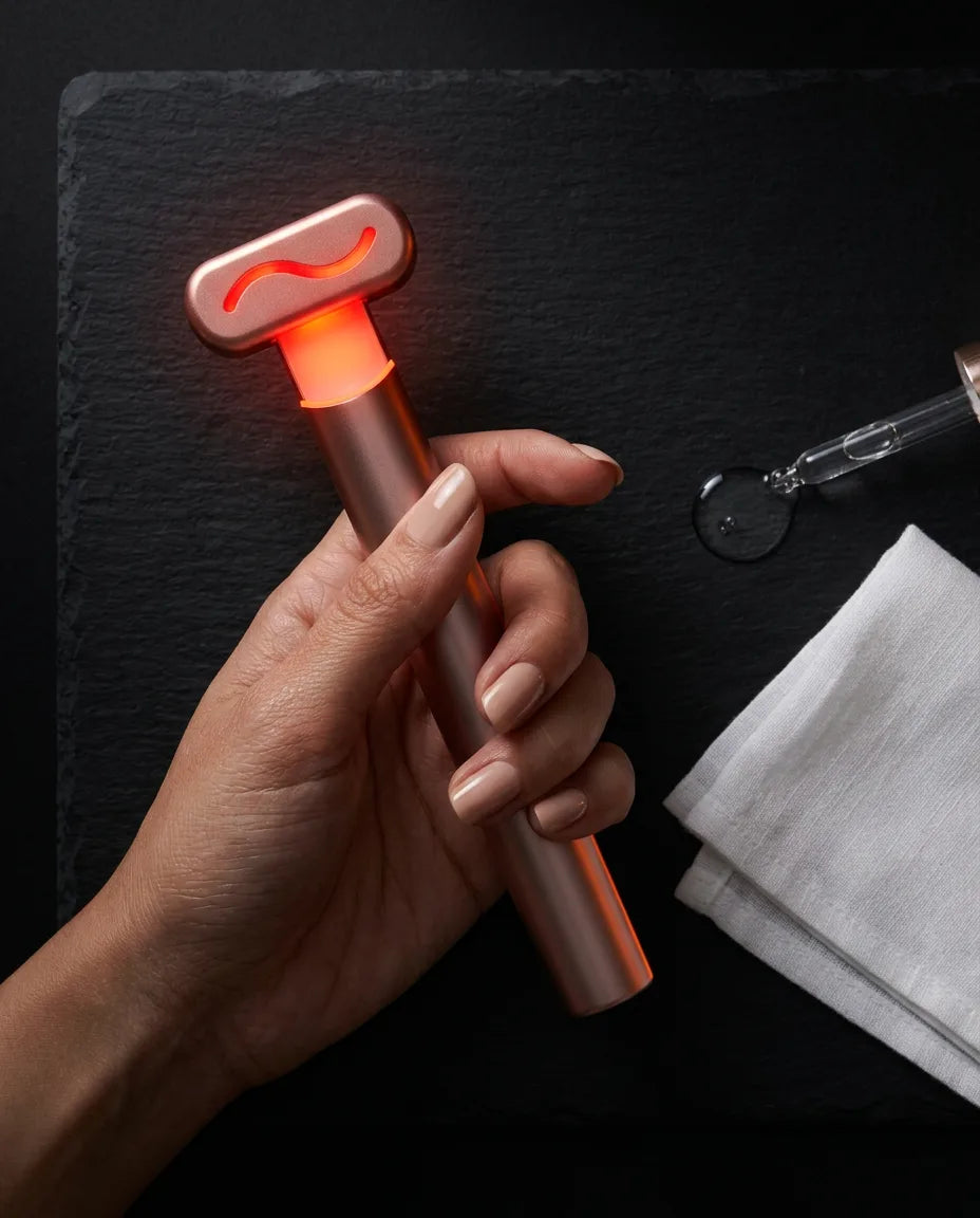 Handheld red light facial device – hand holding the device by the handle