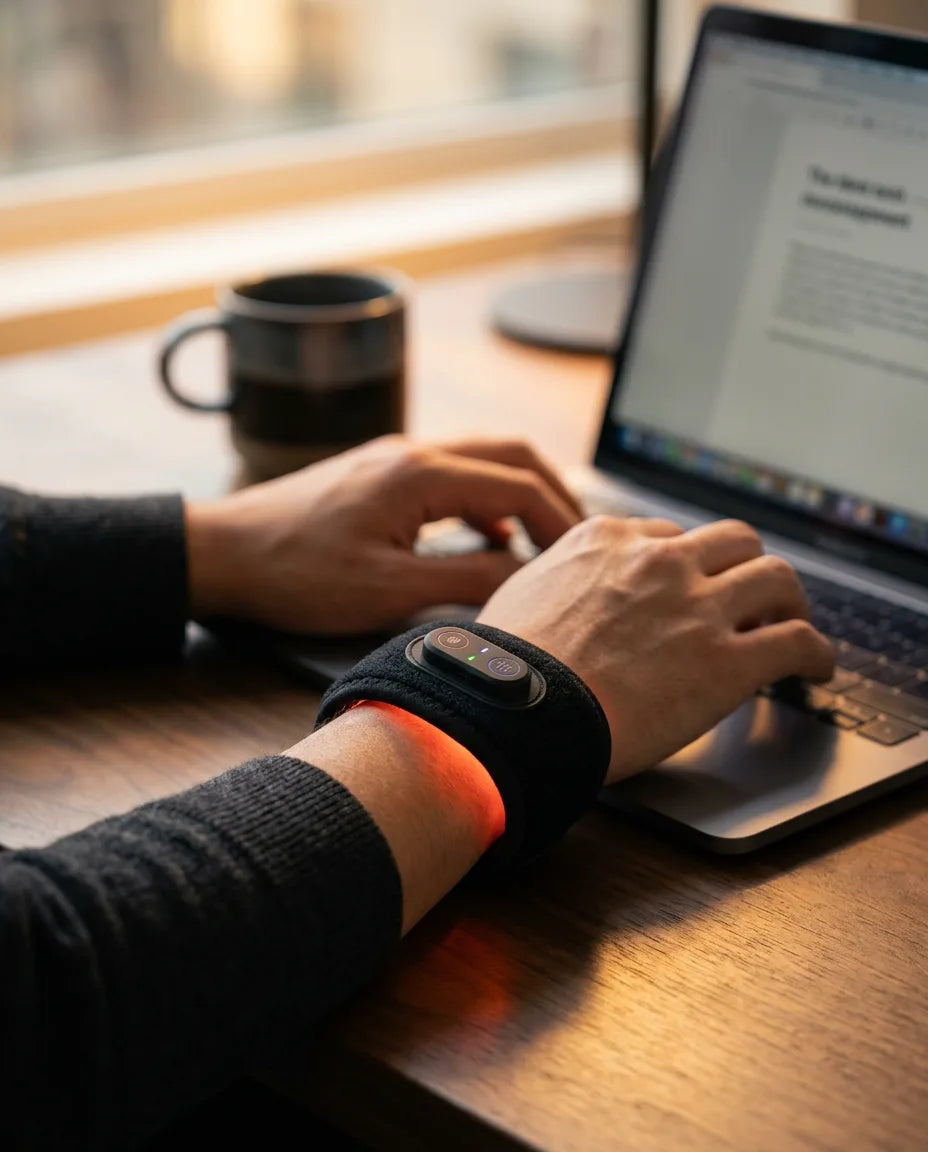 LED red light wrist band – band worn while working on a laptop