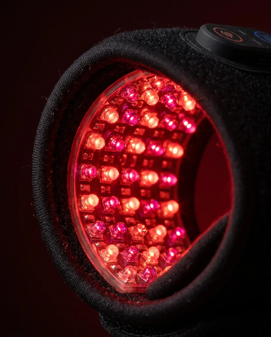 LED red light wrist band – close-up of the red LEDs