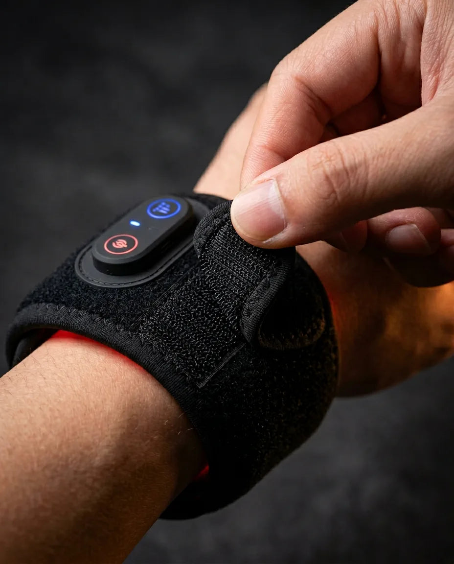 LED red light wrist band – hand on the control button of the band being worn