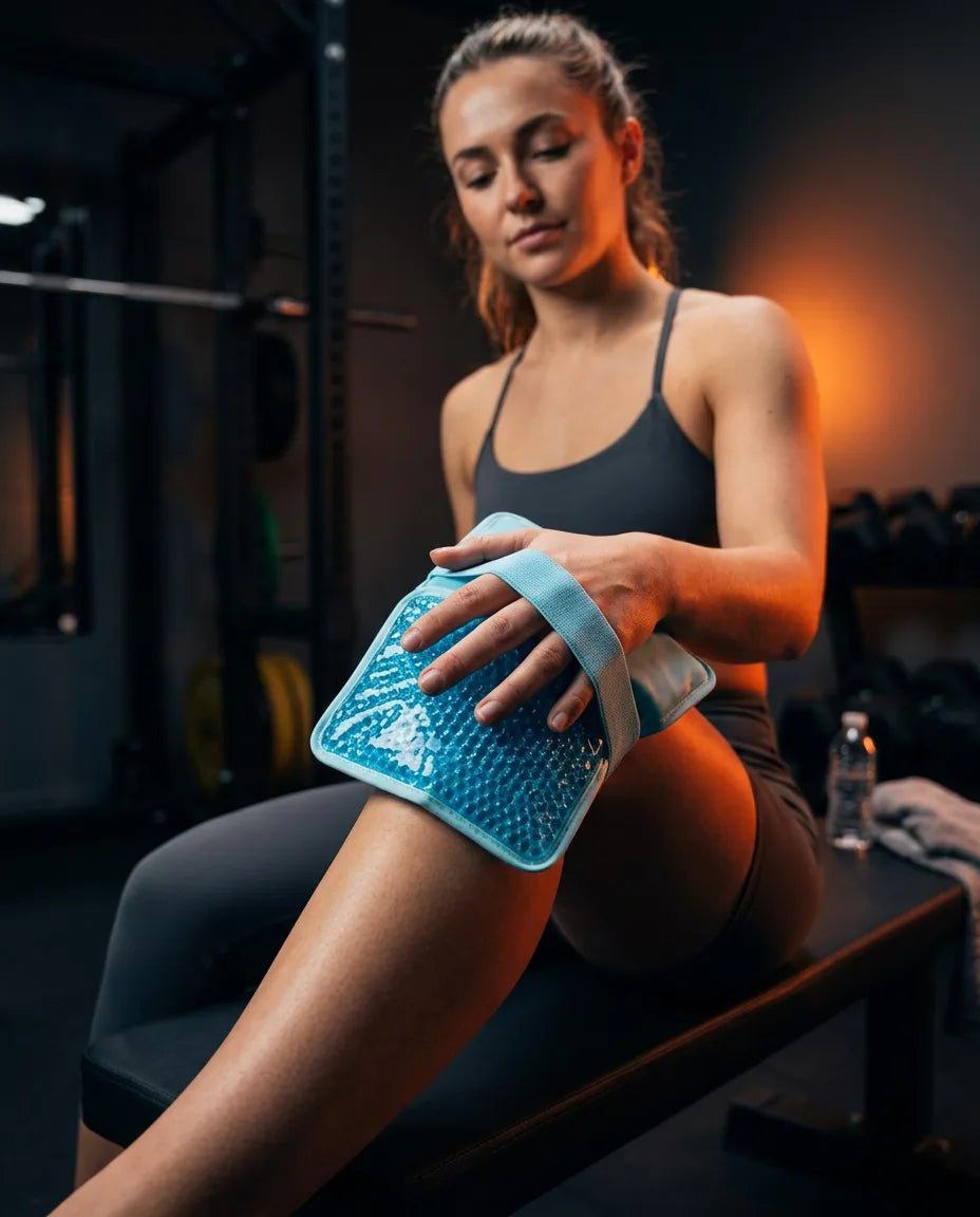 Flexible hot and cold gel pack – woman with the gel pack on her knee