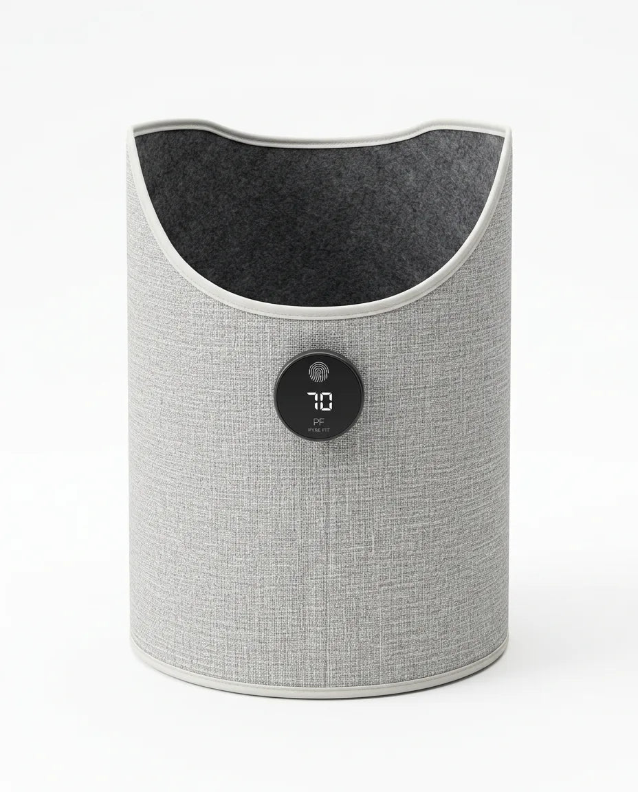 Foldable electric foot warmer by PyreFit in light grey with display, product view