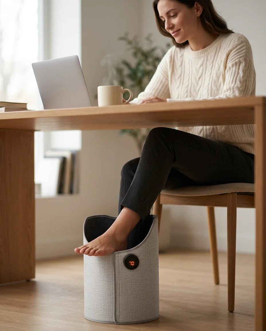 Woman using the foldable foot warmer under her desk while working from home