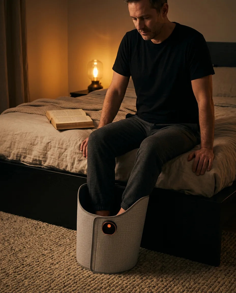 Man sitting on the edge of the bed with his feet in the electric foot warmer