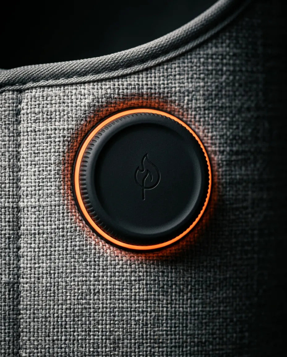 Illuminated control button on the foldable foot warmer, close-up