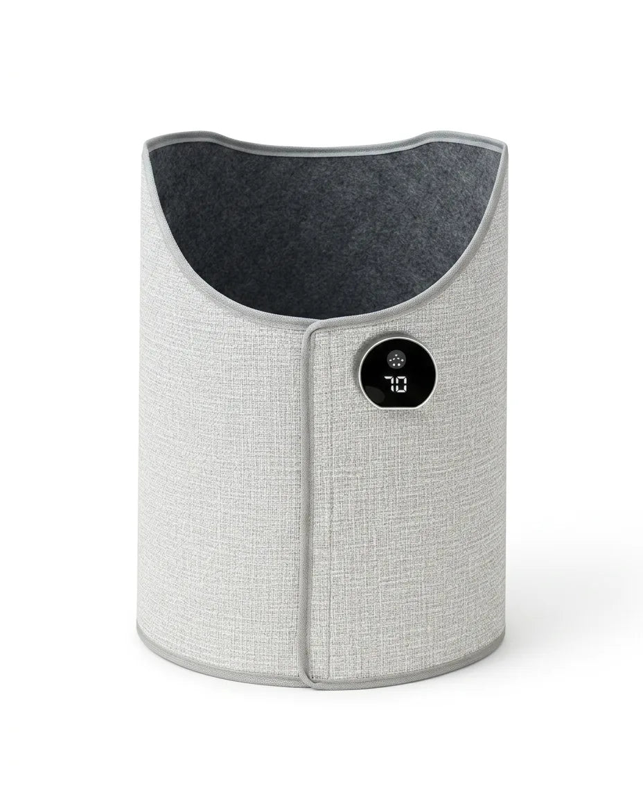 Electric foot warmer for working from home in light grey, front view
