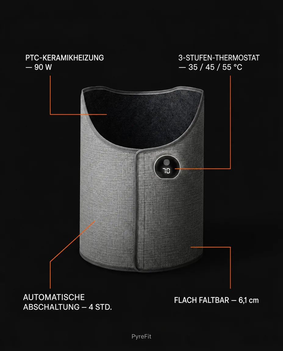 Infographic with technical specifications of the foldable foot warmer
