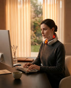 Neck massager with heat – woman using the device at her desk