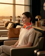 Neck massager with heat – woman using the device in an armchair