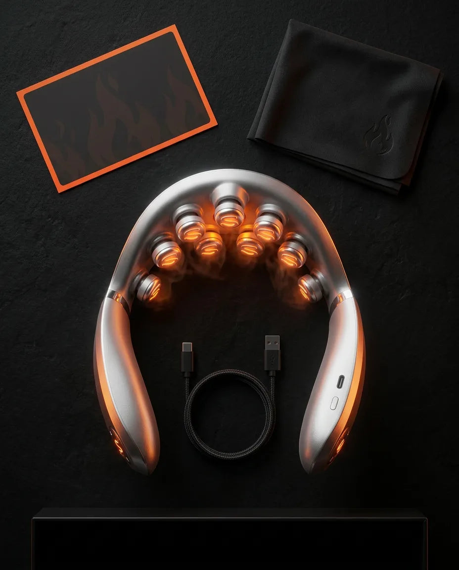 Neck massager with heat – device with accessories laid out