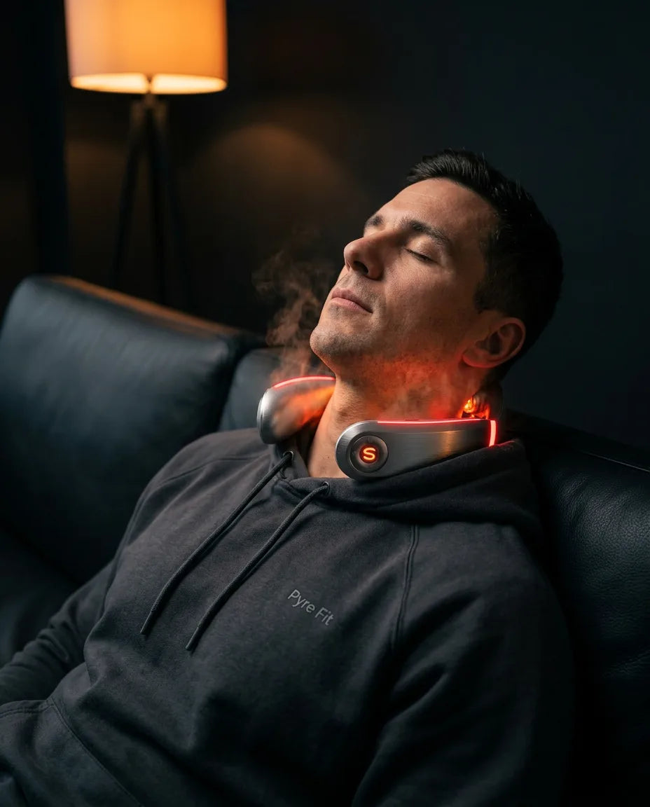 Neck massager with heat – man using the device on the sofa