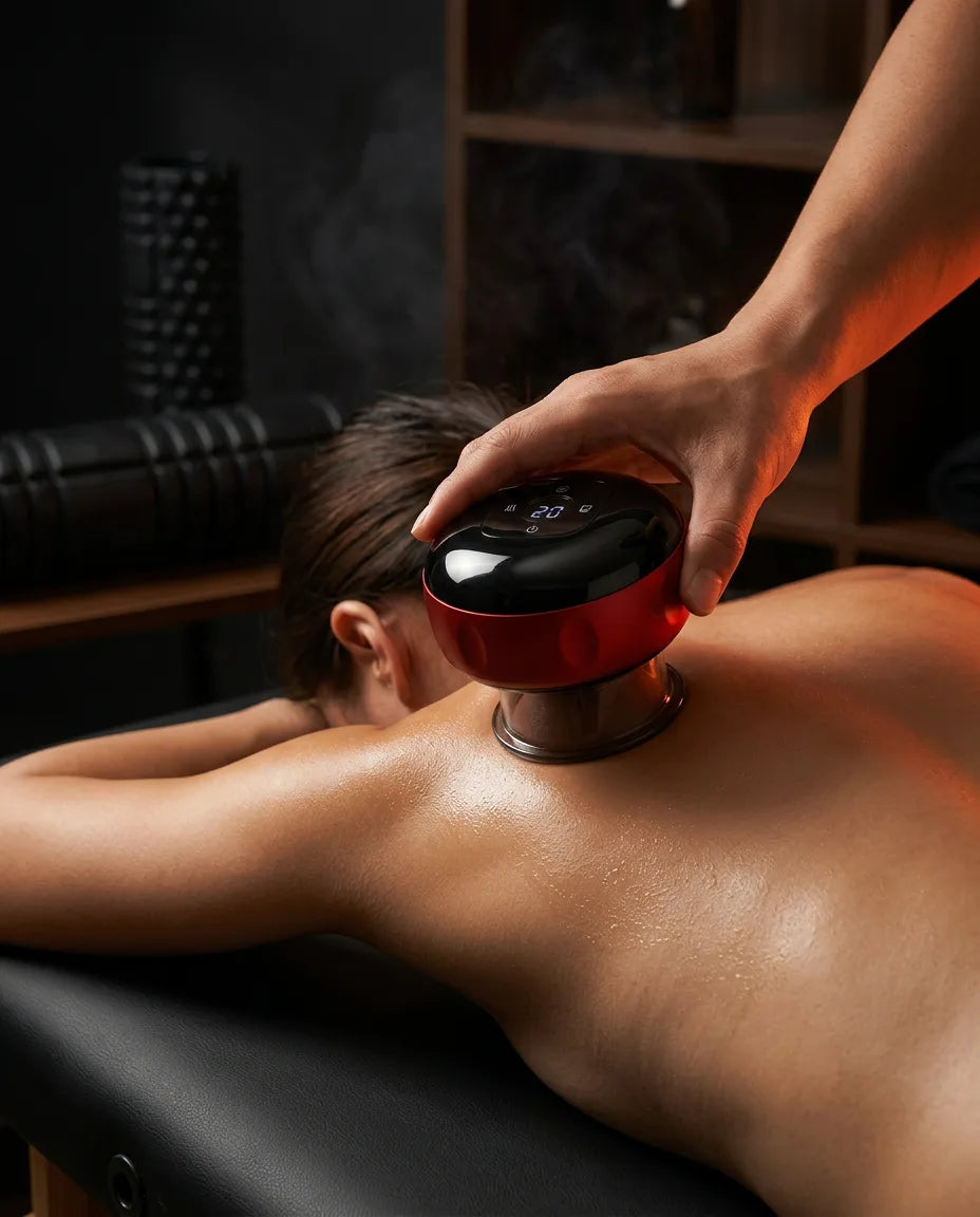 Red light cupping device with suction massage – device during a back massage shown