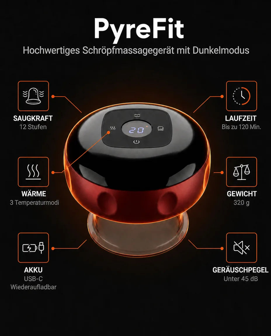 Red light cupping device with suction massage – infographic on design and features