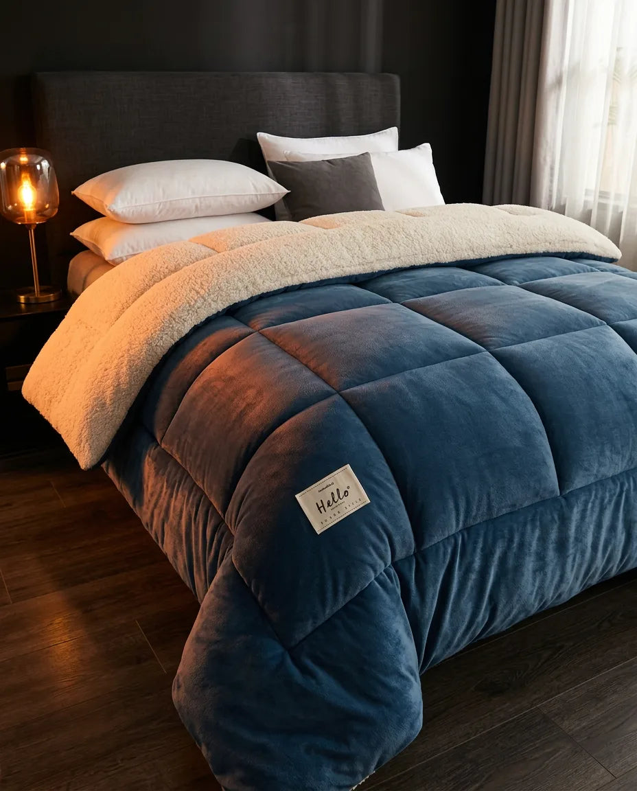 Reversible fleece throw – blue throw on a bed