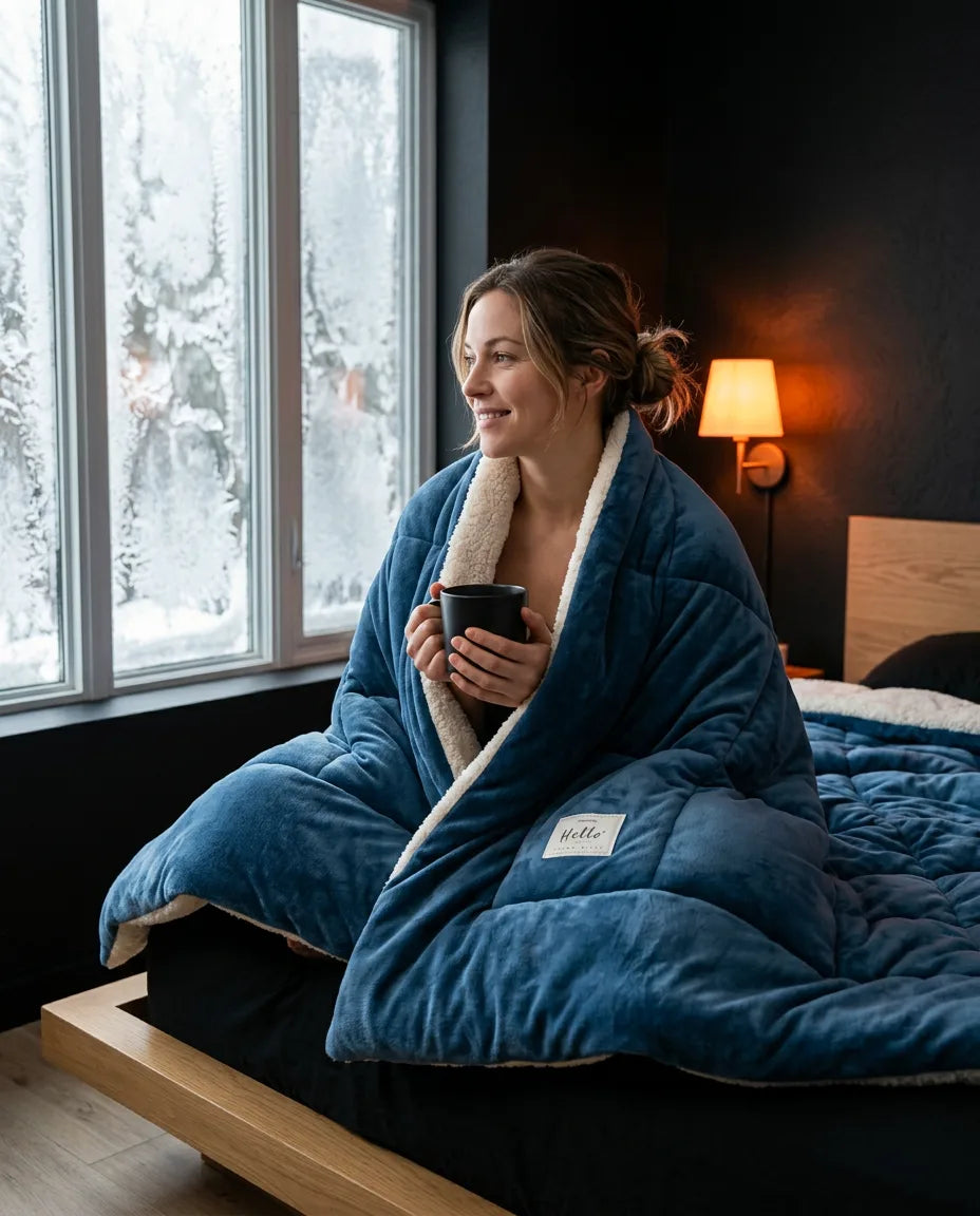 Reversible fleece throw – woman under the blue throw on the sofa