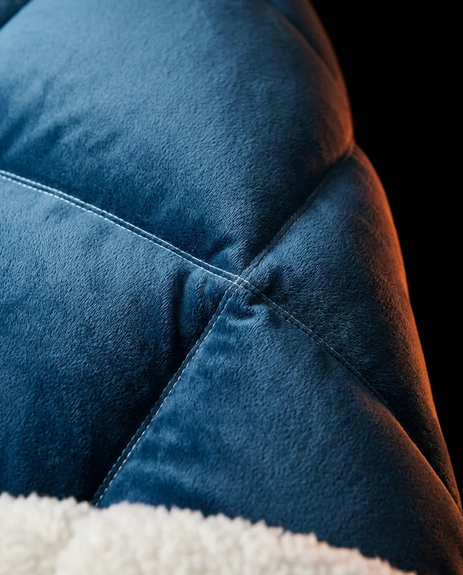 Reversible fleece throw – close-up of the blue outer fabric