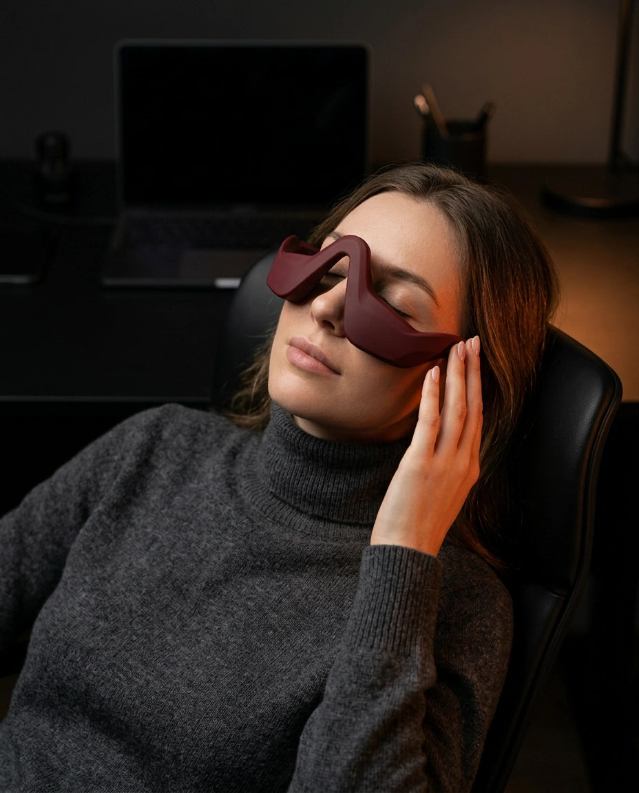 Glasses-style eye massager – woman with the red device in an armchair