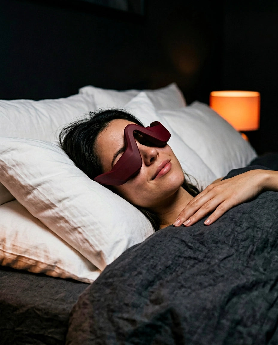 Glasses-style eye massager – man with the red device on a pillow