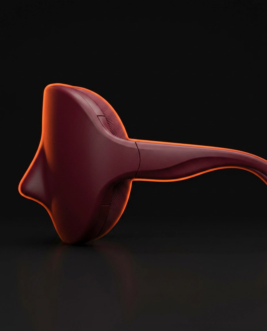 Glasses-style eye massager – side view of the red frame