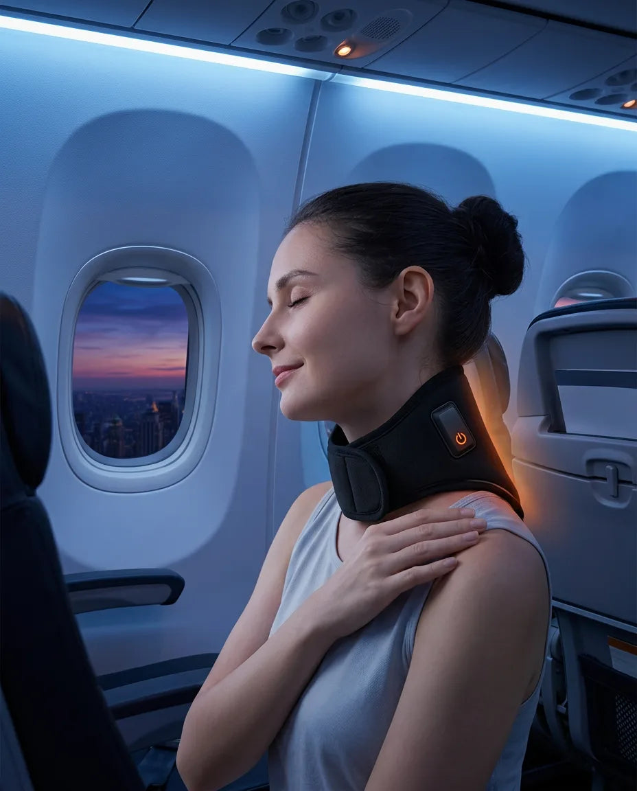USB neck warmer – traveller wearing the neck band